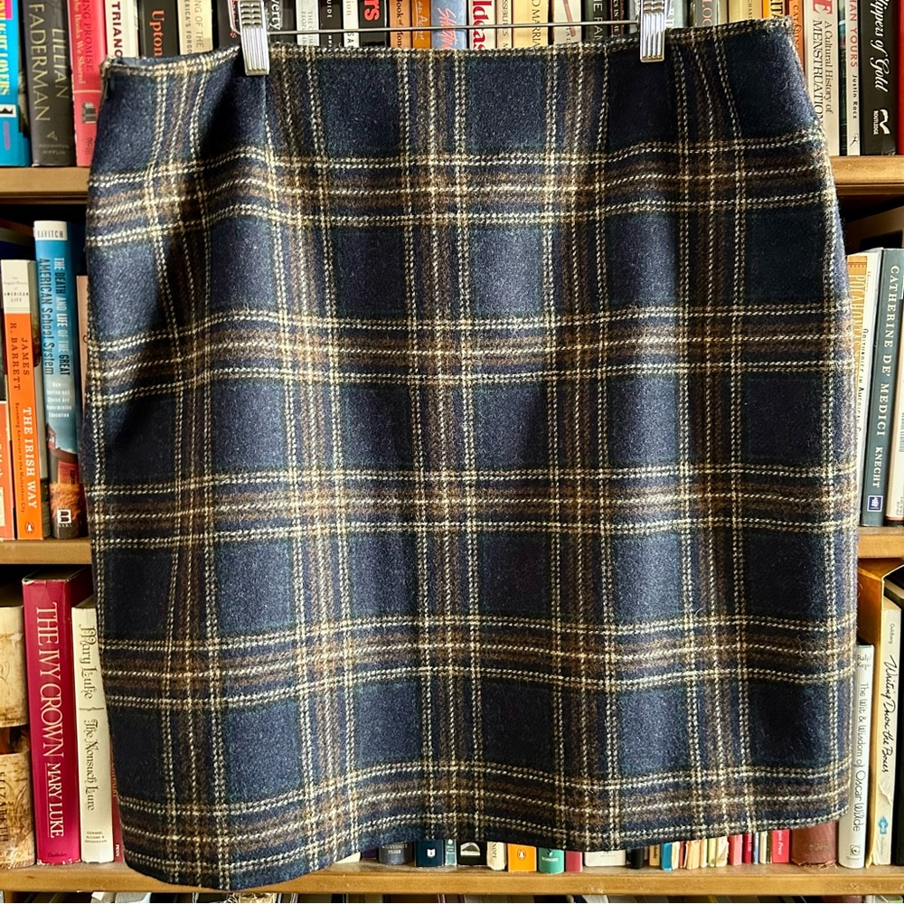 Boden British Tweed Moon Wool Navy Blue Tan Plaid Side Zip Pencil Skirt size 16L - Picture 1 of 8